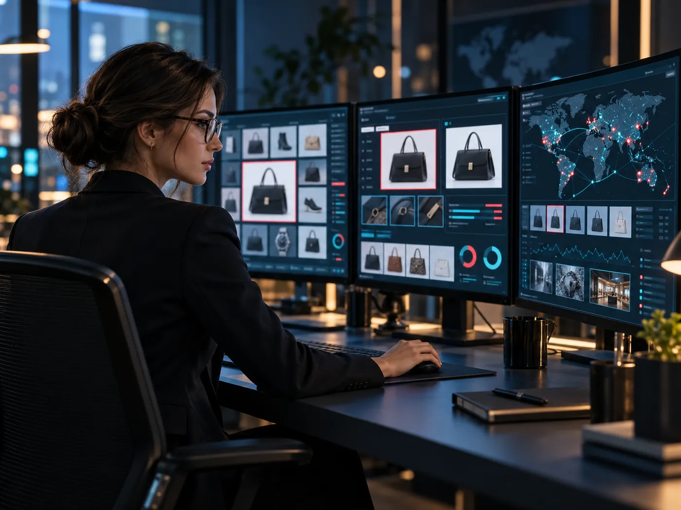 A brand protection analyst reviewing marketplace listings across several monitors